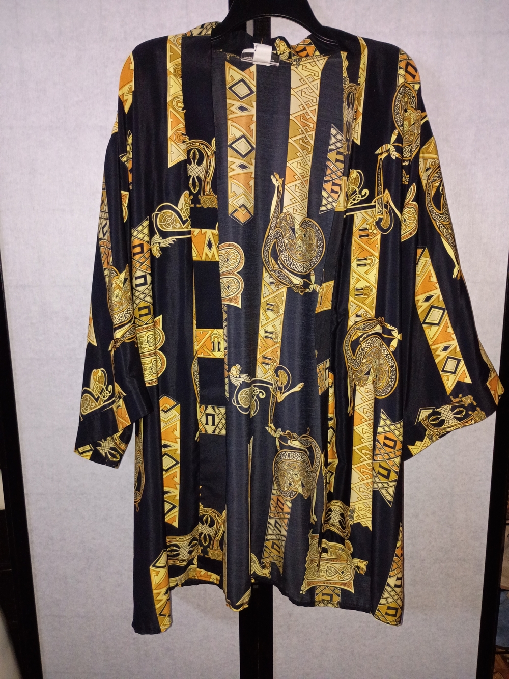 Vintage Stephanie Thomas Sport Black & Gold Patterned Open Front Kimono